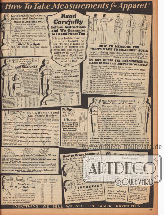 „Wie Maße für Kleidung genommen werden. Genau Lesen. Folgen Sie den Anweisungen und wir garantieren Ihnen perfekten Sitz und Zufriedenheit“ (engl. „How To Take Measurements for Apparel. Read Carefully. Follow Instructions and We Guarantee to Fit and Please You”).
Instruktionen zum Maßnehmen für Mädchen- und Jungenkleidung, Herrenanzüge, Strumpfwaren, Handschuhe, Damenunterwäsche, Schuhe sowie Damen- und Herrenhüte.