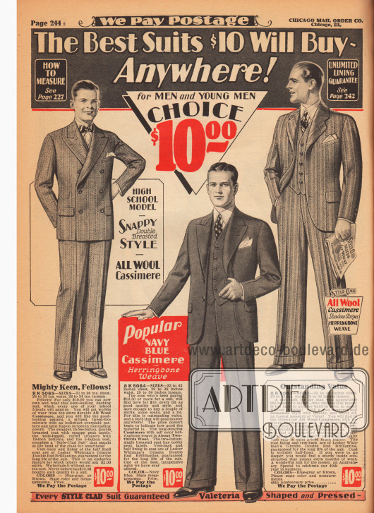 Doppelseite mit Herrenanzügen für 10 und 12,50 $ aus Woll-Kaschmir und Cheviotwolle mit kleinen Rayon-Anteilen.