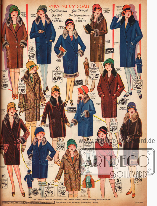 Wintermäntel mit Pelzbesatz für junge Damen von 8 bis 16 Jahren.
Die Preise rangieren zwischen 4,98 und 19,98 $.