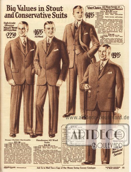 „Bestes Preis-Leistungs-Verhältnis bei Übergrößen und Anzügen für den konservativen Geschmack“ (engl. „Big Values in Stout and Conservative Suits“).
Anzüge aus reiner Schurwolle, reinen Wollgeweben und Woll-Serge für gesetzte Herren. Die Stoffe präsentieren Streifenmuster oder zeigen eine diagonale Verarbeitung. Alle Modelle sind einreihig und zeigen fallende Revers sowie eine Brusttasche für das Stecktuch.