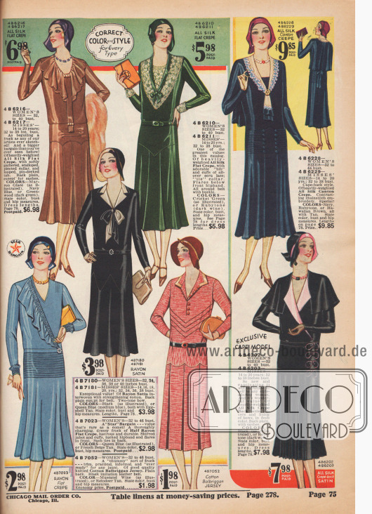 Sieben Kleider aus Seiden-, Rayon-, Woll-, Tweed-, Jersey-, Satin– und Georgettemischstoffen.