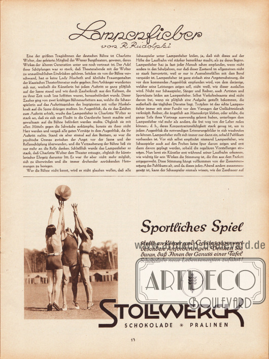 Artikel:
Rudolphi, R., Lampenfieber.
Werbung:
Stollwerck Schokolade und Paralinen.
