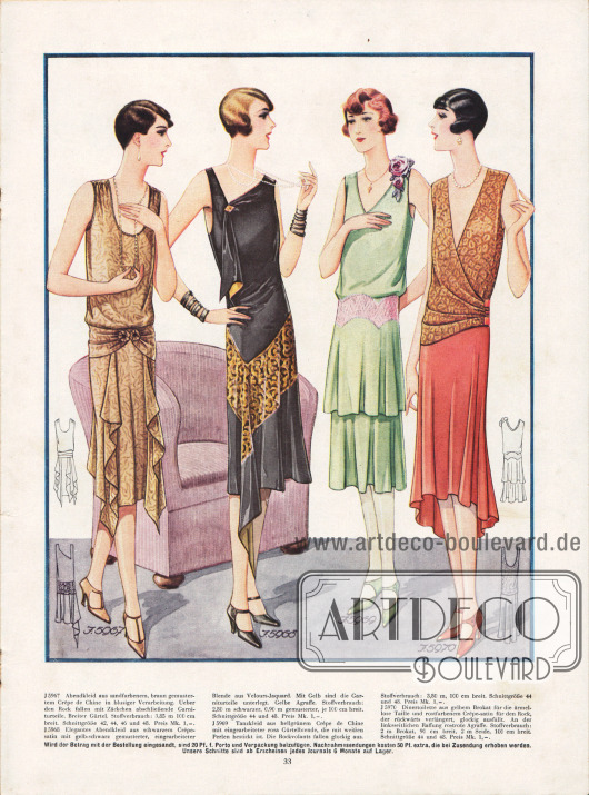 5967: Abendkleid aus sandfarbenem, braun gemustertem Crêpe de Chine in blusiger Verarbeitung. Über den Rock fallen mit Zäckchen abschließende Garniturteile. Breiter Gürtel.
5968: Elegantes Abendkleid aus schwarzem Crêpe Satin mit gelb-schwarz gemusterter, eingearbeiteter Blende aus Velours-Jaquard. Mit Gelb sind die Garniturteile unterlegt. Gelbe Agraffe.
5969: Tanzkleid aus hellgrünem Crêpe de Chine mit eingearbeiteter rosa Gürtelblende, die mit weißen Perlen bestickt ist. Die Rockvolants fallen glockig aus.
5970: Dinertoilette aus gelbem Brokat für die ärmellose Taille und rostfarbenem Crêpe Satin für den Rock, der rückwärts verlängert, glockig ausfällt. An der linksseitlichen Raffung rostrote Agraffe.