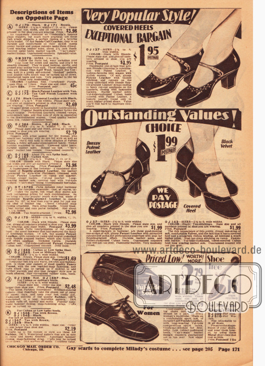 Günstige Damenschuhe mit Schnalle und niedrigen Absätzen aus Lackleder und Samt. Ganz unten wird ein bequemes und sportliches Oxford Paar mit flachem Absatz und Gummisohle angeboten. Rechts daneben werden auch Schuhspanner für 15 Cent angeboten.
Auf der linken Seite befinden sich die Erklärungen der Modelle der für die nebenstehenden Farbseite 170.