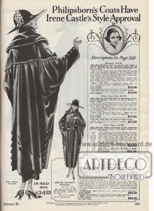 „Philipsborn Mäntel haben die Zustimmung von Irene Castle“ (engl. „Philipsborn’s Coats Have Irene Castle’s Style Approval“).
Modischer Wintermantel angelehnt am Dolman Stil aus Seiden-Plüsch mit Robben- bzw. Seehundfell-Textur. Charakteristisch ist die tiefgehende Schulterpasse, die teilweise Rücken und Oberarme abdeckt. Unterhalb der Passe ist der Stoff dicht und Falten werfend angesetzt, wobei sich die Weite zum Saum hin stark verjüngt. Die sehr weiten Ärmel sind mit Knopfreihen besetzt, die auch am Saum zu finden sind. Vorne zeigt sich ein Gürtel aus dem Mantelmaterial sowie zwei mit Patten versehene, eingelassene und geräumige Schlitztaschen. Konvertierbarer Kragen. Die Knöpfe sind mit Mantelstoff bezogen. Als Futterstoff dient Satin (hier engl. „sol satin“ genannt).