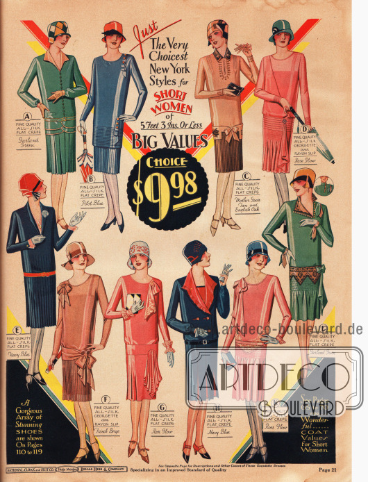 Zehn Damenkleider speziell für Damen, die kleiner sind als 5 feet 3 inches (rund 1,60 cm). Die Tageskleider sind entweder aus Seiden Krepp oder Seiden-Georgette über einem Unterkleid aus Rayon. Alle Kleider auf der Seite sind für jeweils 9,98 Dollar bestellbar.