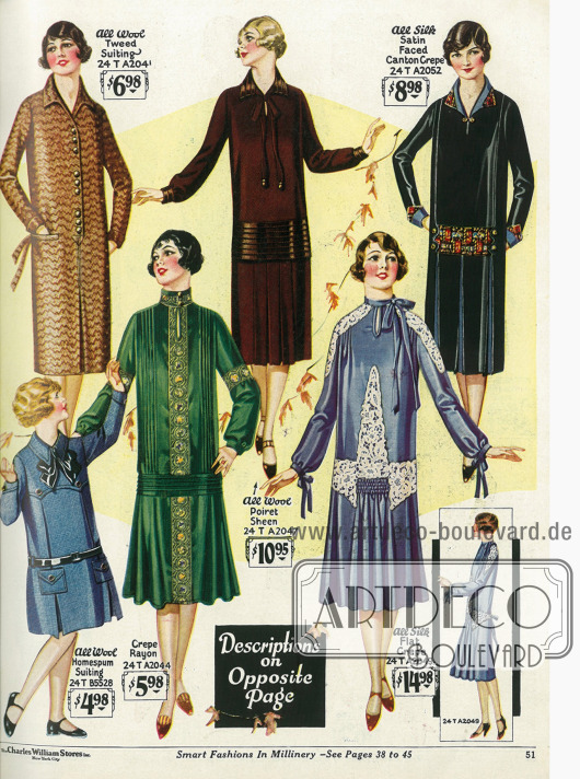 Fast kniekurze Damenkleider aus Tweed, Rayon Krepp, „Poiret Sheen“ (Wollstoff), Seiden Krepp und Seiden-Satin. Die Röcke der oberen 3 Modelle fallen geradlinig dank der eingearbeiteten Falten. Die Röcke der unteren beiden Kleider fallen dagegen glockig, was beim 2. Kleid durch einen Falteneinsatz erreicht wird.
Ein Kleidchen aus schlichtem Wollstoff für junge Mädchen wird unten links präsentiert.
