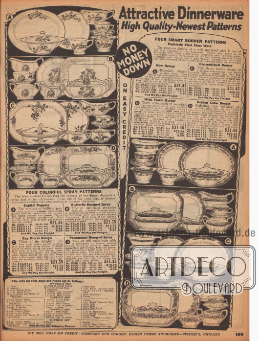 „Hübsche, hochwertige Geschirrservice – Neuestes Dekor“ (engl. „Attractive Dinnerware High Quality – Newest Patterns“).
Hier werden jeweils verschiedene Geschirrservice in vier unterschiedlichen über das Porzellan verteile Sprühmuster (engl. „Colorful Spray Pattern“) oder in vier verschiedenen Randmustern („Smart Border Pattern“) angeboten. Die diversen Muster zeigen Blumen, Blätter und Zweige sowie Goldkanten.
Die insgesamt acht verschieden gemusterten Service können als 100-, 73-, 50- oder auch 32-teiliges Set bestellt werden (siehe Tabelle unten rechts). Die Geschirr-Sets beinhalten Kaffeetassen, Untertassen, Zuckerdosen, flache Essteller, kleine Suppenschalen, Butterschalen, Kuchenplatten, Frühstücks- und Obstschalen, tiefe Suppenteller, große Tabletts zum Servieren der Gerichte, große Salat- und Suppenschüsseln, Saucieren, Olivenschalen, etc.
