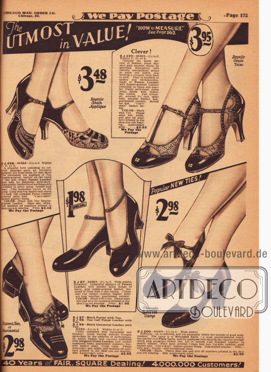 Mondäne und recht extravagante Schnallen- und T-Schnallenschuhe sowie ein Schuhpaar mit Knöchelschnalle und ein Oxford-Modell für die Straße.
Die Damenschuhe sind aus Lackleder und teilweise flächig und ornamental dekorativ mit reptilienartig genarbtem Leder kombiniert. Unten rechts befindet sich ein Modell aus gemustertem und glattem Satin. Leichte Perforationen und Ausstanzungen, kleine Riemchen und Schleifen verleihen jedem Exemplar das gewisse etwas. Niedrige Absätze, kubanische Absätze und hohe, spitze Absätze sind bei diesen Schuhen zu finden.
