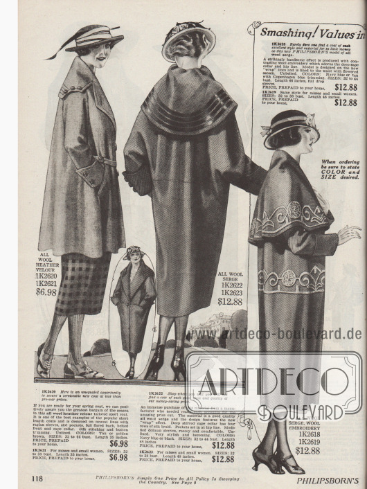Doppelseite mit sechs Damenmänteln und kürzeren Sportmänteln aus Woll-Velours, Woll-Serge und reinem Flanell-Velours. Charakteristisch sind die sehr breiten Kragen, die nahezu in Capes zu übergehen scheinen. Die Mäntel mit Cape zeichnen sich dagegen durch ihre sackartigen übergroßen Schnitte aus (zweites & viertes Modell). Große auf- oder eingearbeitete Taschen, Knöpfe, Paspeln oder leichte Stickereien geben Abwechslung.