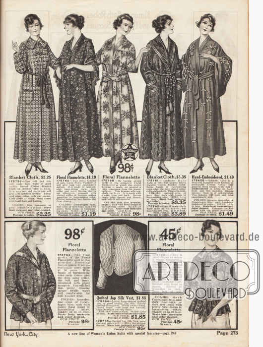 Bademäntel, Morgenmäntel und Kimonos für Frauen aus Handtuchstoff (Baumwolle), floral gemustertem Flanell und Baumwoll-Krepp. Die Morgenroben und Bademäntel sind teilweise handbestickt, mit Stoffborten oder Rüschen versehen und werden mit einem Gürtel oder einem Seil, das in Quasten endet, zusammengebunden.
Unten befinden sich zwei kurze Morgenjacken aus geblümtem Flanell sowie eine warme gesteppte japanische Seidenweste für die Morgenstunden.