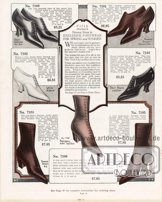Oxford Damenpumps aus Lackleder, Chevreauleder oder Nubukleder (angerautes Leder, das eine samtartige Oberfläche besitzt) mit geschwungenen, mittelhohen Louis XIV Absätzen und spitzen Kappen. Im unteren Bereich werden drei Stiefelettenpaare aus Kalbs- und Chevreauleder gezeigt. Zwei Stiefeletten zeigen Militärabsätze, eines Louis XIV Absätze.