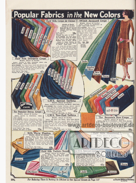 Kleiderstoffe wie Crêpe de Chine, Jacquard, Taft, Poplin und Kreppstoffe. Den Stoffen ist zur Hälfte Rayon beigemischt.