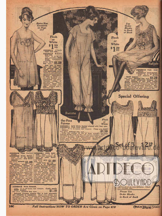 Etwa knielange, ärmellose Unterhemden aus weißem oder fleischfarbenem „Seco“-Silk, Batist oder Nainsook (Musselin; lockerer, feinfädiger Stoff aus Baumwolle) für Frauen. Die Hemdchen zeigen reiche Stickereien, Hohlnähte, Einsätze aus Filet-Spitze oder Valenciennesspitze, Spitzenborten oder auch Reihenziehungen.
In der Mitte befindet sich ein einteiliger Pyjama aus Batist, mit verdeckter Knopfleiste in der Front und aufgesetzter, seitlicher Tasche. Elastische Knöchelbündchen und Hohlnähte.