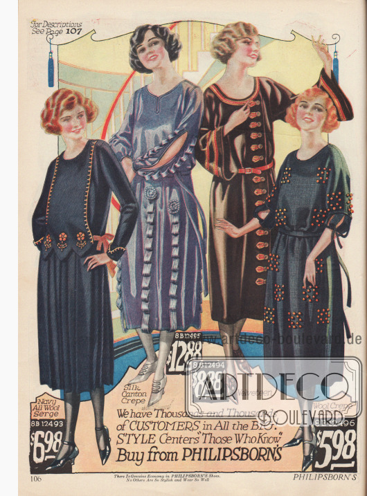 Kleider für das modebewusste „Fräulein“. Die Kleider bestehen aus Woll-Serge, Seiden-Krepp und Samt.
Das zweite Kleid ist mit angenähten Schleifen an Ärmeln und Rock und mit Rosetten garniert. Die Ärmel sind geschlitzt bis zum Ellenbogen.
Die Taillenschärpen sind elastisch um das Anziehen zu erleichtern.
An den Damen sieht man, dass sich Kurzhaarfrisuren immer stärker durchsetzten.