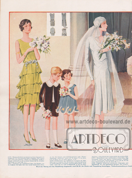 Doppelseite mit eleganten Kleidern für eine Hochzeit.
Das kanariengelbe Brautjungfernkleidchen aus Georgette zeigt einen Stufenrock, der sich rückwärtig stark verlängert.
Daneben sind ein brauner Festanzug aus Samt für Knaben von 4 bis 8 Jahre mit einer weißen Garnitur und ein Festkleidchen aus stahlblauer Georgette für Mädchen von 2 bis 6 Jahren zu sehen.
Milchweißes Crêpe-Satin bildet den Ausgangsstoff für das Brautkleid, während das Kleid aus schwarzem Crêpe Satin mit seitlichen Zipfeln für die Brautmutter gedacht ist.
Roséfarbenes Moiré dient als Stoff für das nächste Kleid dessen Raffung mit einer Perlschnalle garniert wird.
Zwei Festkleidchen aus rosa Crêpe de Chine und stahlblauem Georgette für Mädchen von 12 bis 16 Jahren beenden die Zusammenstellung.