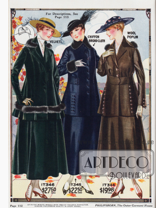 Kostüme für die modebewusste Dame.
V.l.n.r.: Kostüm aus dunkelgrünem Samt mit Marderpelzbesatz, marineblaues Kostüm aus Chiffon-Breitgewebe mit Besatz aus Robbenpelz und ein braunes Woll-Popelin Kostüm mit Marderpelz.
Die beiden letzten Modelle zeigen modische Zierknopfleisten und sind mit einem aufgenähten Gürtelband gearbeitet, das beim mittleren Modell nicht durchgängig gearbeitet ist.
