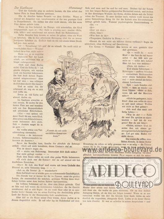 Artikel:
Ernst, Otto, Der Karthäuser. Skizze von Otto Ernst.
Die Geschichte ist mit einer Zeichnung illustriert, die einen sitzenden Mann und eine sitzende Frau in einem Wohnzimmer zeigen. Das Bild hat die Bildunterschrift „Kannst du mir nicht ein bißchen daraus vorlesen“.
Zeichnung/Illustration: unleserlich, Mc King (?).