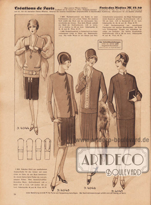 4044: Schickes Kleid aus sandfarbenem Angora-Kasha für den Jumper und rotem Crêpe de Chine für den Rock kombiniert. An diesem halten helle Patten die vorn eingelegten Falten. Rote Ärmelaufschläge. Gesticktes Motiv.
4045: Nachmittagskleid aus Kasha in einer Kombination von zwei grünen Tönen. Der dunklere Stoff ergibt den Rock und die interessante Garniturblende am Jumper. Eine helle Blende schließt den Rock ab.
4046: Nachmittagskleid in Jumperform aus beigeroséfarbenem Crêpe de Chine mit Bogenverzierung. Die weiße Weste ist mit Biesen und Perlmutterknöpfen ausgestattet. Am Rock Faltengruppe, durch Stepperei gehalten.
4047: Nachmittagskleid aus mittelblauem Papillonrips mit apartem Blendeneffekt. Am Rock vorn Faltengruppe. Kragen und Aufschläge bestehen aus Goldleder. Am Schlitz Kopfschluß.