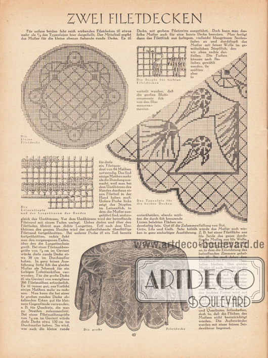 Artikel:
O. V., Zwei Filetdecken.
Der Text wird mittels fünf Zeichnungen illustriert. Die Bildunterschriften lauten „Die kleine Filetdecke“, „Die Stopfe für farbige Filetdecken“, „Die Leinenstopfe und das Langettieren des Randes“, „Der Typensatz für die beiden Decken“ sowie „Die große Filetdecke“.