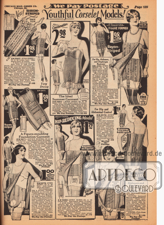 „Jugendliche Korselett Modelle!“ (engl. „Youthful Corselet Models!“).
Die hier gezeigten Korseletts (Mieder) sind entweder einteilig oder zweiteilig. Bei den zweiteiligen Modellen befindet sich ein Hüfthalter unterhalb des eigentlichen Korseletts. Die einteiligen Modelle entsprechen einer Kombination aus Bustier und Hüftgürtel.
Die Korseletts sind aus gestreiftem Rayon, Rayon-Satin oder Rayon-Baumwolle und besitzen elastische Gummieinsätze zum bequemen Tragen und perfekten Formen des Abdomens, der Hüften und der Brust.