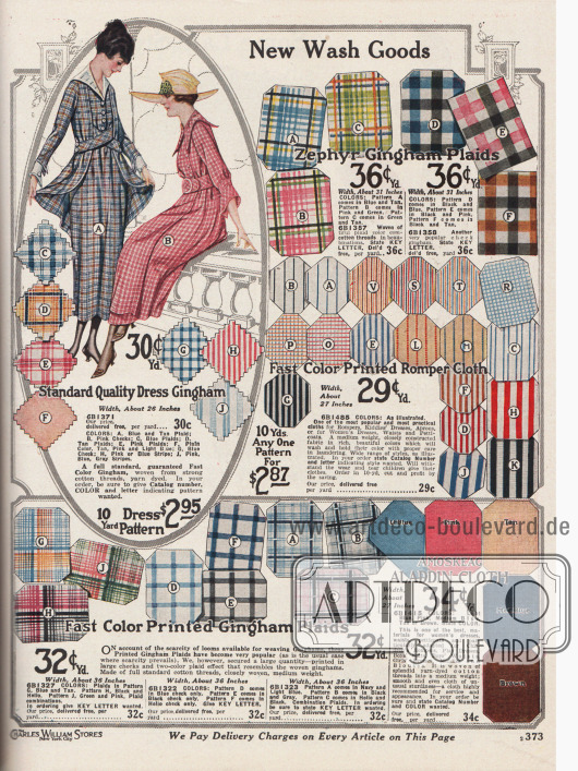 „Neue Waschgewebe“ (engl. „New Wash Goods“).
Bunt karierte, gestreifte und einfarbige Waschstoffe zum Nähen von einfachen Kleidern, Haushaltskleidern, Schürzen und Spielanzügen für Kinder. Bestellbar sind beständige Ginghamstoffe mit gewebten Mustern sowie farbechtes „Romper Cloth“, das als Material für Kinderspielanzüge ideal ist. Unten rechts ist „Amoskeag Aladdin Cloth“ (Amoskeag → Stoff hergestellt von der Amoskeag Manufacturing Co. in Manchester, New Hampshire, USA) das vielseitig verwendet werden kann.
Die Preise liegen zwischen 30 und 36 Cent pro Yard (91,44 cm). Bei Abnahme von zehn Yard fällt der Preis auf 28,7 und 29,5 Cent. Die Breiten der Gewebe variieren zwischen 26 und 31 Inch (66,04 und 78,74 cm).