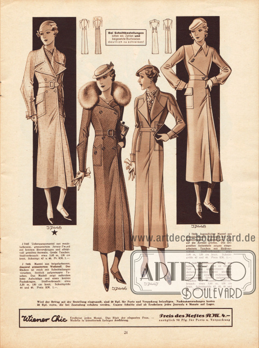 7445: Übergangsmantel aus modefarbenem, gemustertem Jersey-Tweed mit breitem Reverskragen und effektvoll geteilten Ärmeln und großen aufgesetzten Taschen.
7446: Damenmantel aus beigefarbenem, diagonal gemustertem Wollstoff mit Fuchskragen, aufgesteppten Taschen und hohen Ärmelaufschlägen. Der Rücken ist reich mit Schnittteilungen versehen.
7447: Mantel aus pastellfarbenem Wollstoff und angeschnittenen Achselpassen. Die originell eingearbeiteten Taschen sind mit Reißverschlüssen versehen.
7448: Mantel aus hellem Wollstoff mit breit über die Brust greifendem Vorderteil.