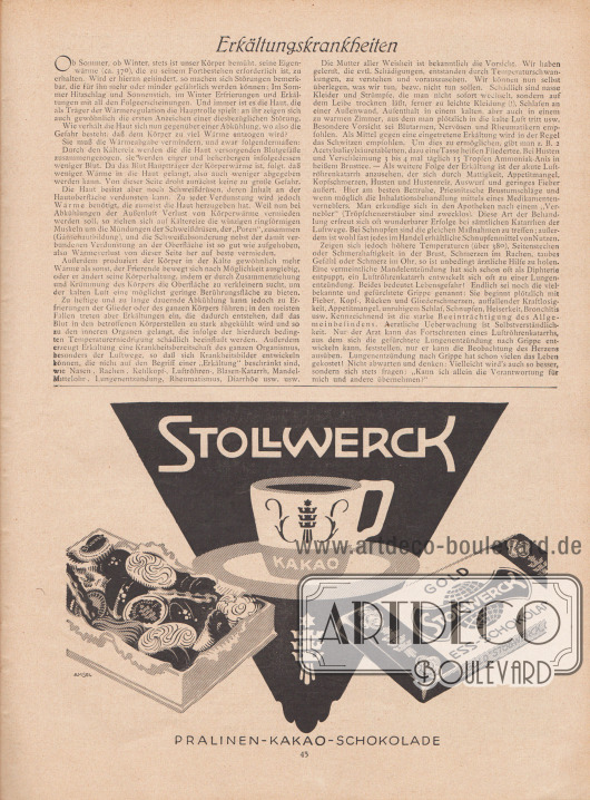 Artikel:
Moritz, Dr. Georg, Erkältungskrankheiten.
Werbung:
Stollwerck Pralinen – Kakao – Schokolade.
Illustration/Zeichnung: Amsel.