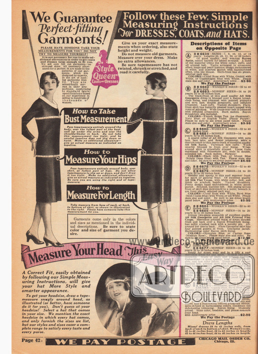 „Wir garantieren perfekt passende Kleidungsstücke“ (engl. „We Guarantee Perfect-fitting Garments!“).
Seite mit Instruktionen und genauen Beschreibungen zum Maßnehmen von Kleidern und Hüten. Rechts die Beschreibungen der Modelle auf der gegenüberliegenden Seite.