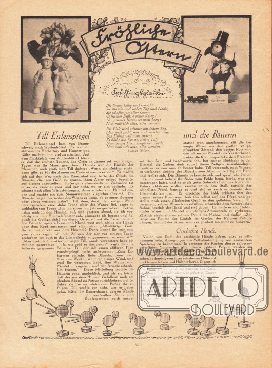 Artikel - Fröhliche Ostern:
Uhland, Ludwig, Frühlingsglaube (Gedicht);
O. V., Till Eulenspiegel und die Bäuerin;
O. V., Geschickte Hände.