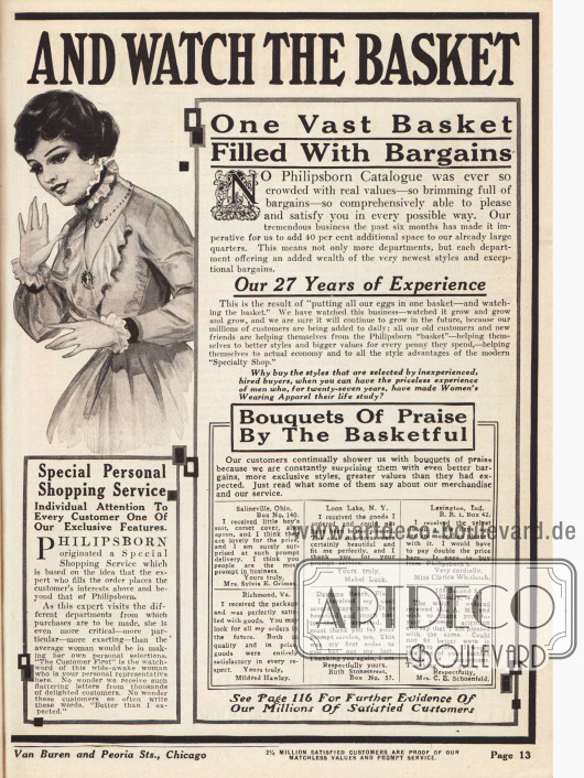 „Put All Your Eggs in one Basket and Watch the Basket” (dt. „Legen Sie alle Eier in einen Korb und behalten Sie ihn im Auge“). „One Vast Basket Filled With Bargains“ (dt. „Ein großer Korb gefüllt mit günstigen Gelegenheiten“).
Philipsborn wirbt hier zudem für den neuen individuellen Beratungsservice für jeden Kunden und weist auf die 27 Jahre Erfahrung beim Vertrieb von Kleidung hin. Unten rechts befinden sich sechs Dankesbriefe zufriedener Kunden.