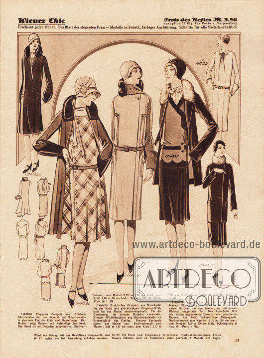 4022/23: Elegantes Complet aus rötlichem Charmelaine für den Mantel und Schottenseide in gleichem Ton für Kleid und Mantelfutter. Der Mantel zeigt Kragen und Aufschläge aus Seal. Das Kleid ist mit Knöpfen ausgestattet.
4024/25: Praktisches Complet, aus Naturkasha für das Kleid und gleichfarbigem Diagonal-Wollstoff für den Mantel zusammengestellt. Für die Garnierung ist braunes Material verwendet. Brauner Wildledergürtel und Ripsbandschleife am Kragenschluß des Kleides. Brauner Kaninpelz stattet den Mantel aus.
4026/27: Jugendliches Kostüm aus marineblauem Charmelaine für Rock und Jacke und rotem Marocain für den Jumper, der mit blauen Blenden ausgestattet ist. Den Ausschnitt füllt ein farbig gepunkteter Einsatz mit geknotetem Kragen. Am Rock linksseitliche Faltenpartie.