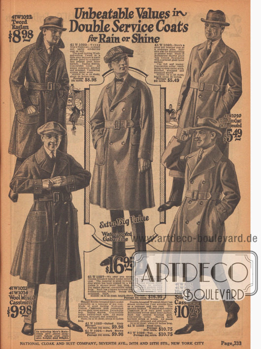 Leichte Mäntel für regnerische und trockene Frühjahrstage mit großen Taschen und mit Gürtel. Drei der Mäntel sind doppelreihig. Woll- und Baumwollstoffe wie Kaschmir, Tweed oder gummiertem Bambasin.