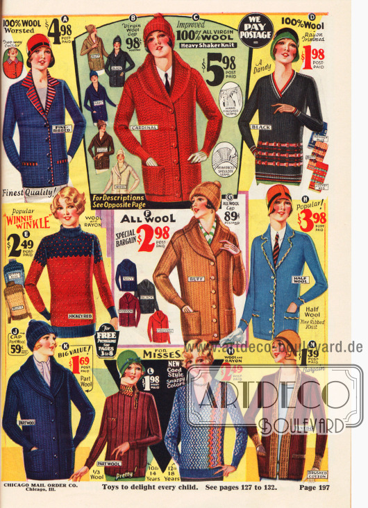 Stickwaren für Damen und junge Frauen aus reinen Wollstoffen oder Baumwoll-Wollgemisch. Unter den hier zu findenden Stickwaren sind Cardigans (Strickjacken), Pullover und Wollmützen für den Wintersport oder einfach zum Aufhalten in der freien Natur während der kalten Jahreszeit.