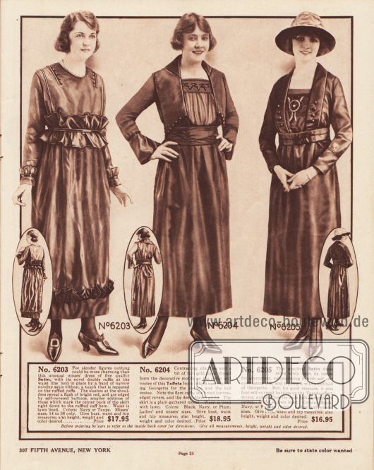 6203: Recht günstiges Nachmittagskleid aus Satin für Damen mit schlanker Figur. Nach oben abstehende Rüschen an den Unterärmeln und am Saum sowie eine Doppelrüsche in der Taille sind mit schmalen Satin-Bändern vernäht. Die Einschnitte an den Schultern, die mit Knöpfen flankiert sind, geben den Blick auf roten Stoff frei. Das Oberteil ist mit Leinen gefüttert.
6204: Elegantes Taftkleid für Damen, das in den Farben Schwarz, Marineblau oder Violett bestellt werden kann. Das Oberteil zeigt einen breiten, tief geführten Kragen. Vorne öffnet sich das Oberteil und gibt den Blick auf einen Westeneinsatz aus Georgette frei. Die Blende des Halsausschnittes ist bestickt. Glockige Ärmel ebenfalls aus Georgette. Gekräuselter Stoffgürtel.
6205: Praktisches Satinkleid mit bis zum Gürtel geführtem Schalkragen und Westeneinsatz (engl. „Tuxedo-effect“) für Damen. Der Westeneinsatz ist mit Seide in der Kleidfarbe und in kontrastierender Farbe bestickt. Über dem Westeneinsatz ein Streifen aus hellerem Georgette. Auf beiden Seiten des Schalkragens sind jeweils vier Knöpfe zu finden. Oberteil mit Futterstoff aus Leinen.