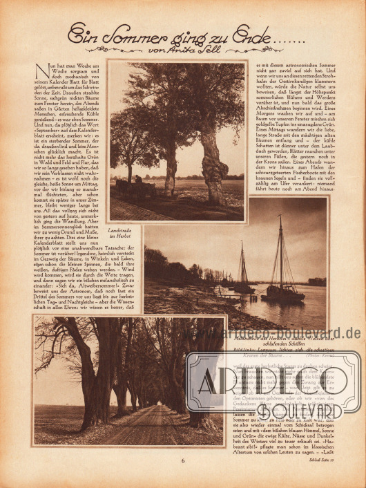 Artikel:
Sell, Anita, Ein Sommer ging zu Ende... .
Passend zum Text sind drei Fotografien abgebildet. Die Bilderklärungen lauten „Landstraße im Herbst“, „Melancholie des Herbstes - dunkle Wolken über schlafenden Schiffen“ sowie „Bild links: Langsam lichten sich die schattigen Kronen der Bäume...“.
Fotos: Kester.