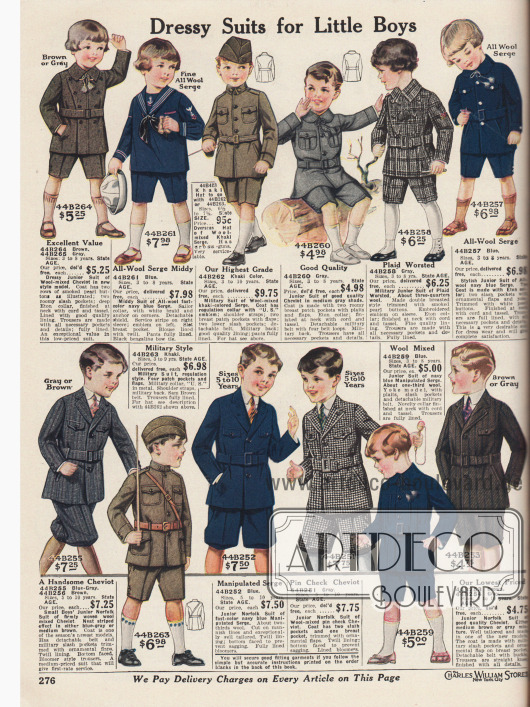 „Schicke Anzüge für kleine Jungs“ (engl. „Dressy Suits for Little Boys“).
Anzüge im Norfolk-Stil sowie Matrosen- und Militäranzüge für Jungen und kleine Jungen im Alter von 3 bis 10 Jahre. Die Anzüge sind aus unifarbenem oder kleinkariertem Woll-Cheviot, Woll-Serge, Khakigewebe oder kariertem Wollgewebe.