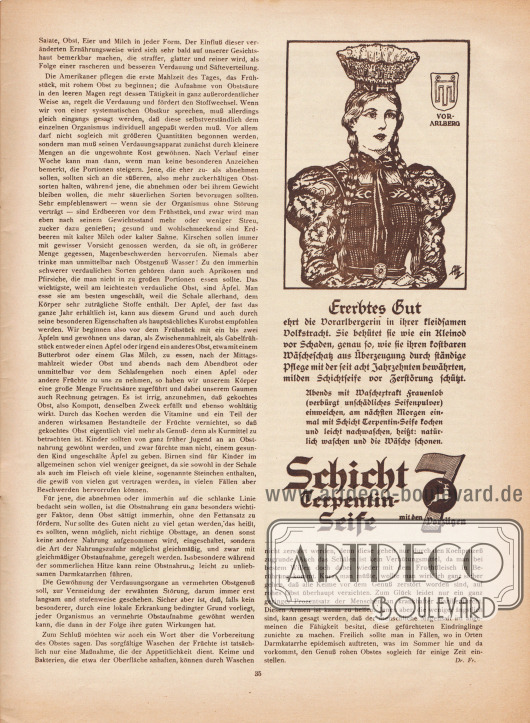 Artikel:
Dr. Fr., Sommerliche Obstkuren.
Werbung:
Schicht Terpentin-Seife (schonendes Waschmittel).