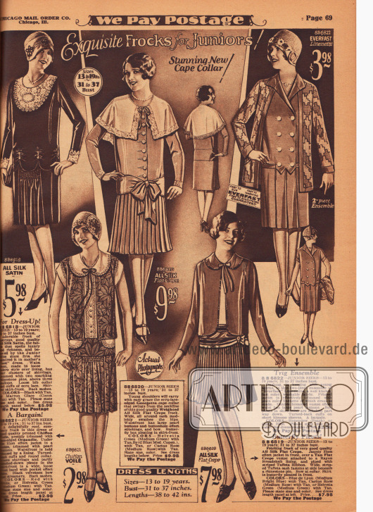Kleider für Mädchen von 13 bis 19 Jahre aus Seiden-Satin, Chiffon Schleierstoff und Seiden Krepp. Ein Ensemble aus Leinen wird oben rechts präsentiert.