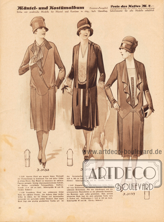 3135: Apartes Kleid aus grauem feinen Wollstoff mit Tressenbesatz in dunklerem Ton und heller Crêpe de Chine-Weste. Das Modell ist besonders für stärkere Figuren geeignet. Schräg übereinandertretender Schluß; im Rücken vorteilhafte Teilungseffekte.
3136: Vornehmes Kleid aus schwarzem Crêpe Satin für stärkere Damen. Als Aufputz dient weißer Crêpe de Chine, der für Einsatz und Ärmelpuffen verwendet ist; außerdem schöne Stickerei. Dem engen Rock liegt eine glockig geschnittene Tunika auf. An den Ärmelpuffen Bandabschluß.
3137: Elegantes Kleid aus weinrotem Crêpe Satin mit rosa Seidenweste für stärkere Damen. Die Weste schmückt Brokatband. Für den Jabotkragen und die untergesetzten Manschetten ist die glänzende Innenseite des Materials nach außen genommen. Dem seitlich plissierten Rock liegt die glatt gehaltene Taille vorn in Zacken auf.