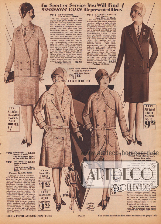 Oben zwei herrenmäßig geschneiderte Damenkostüme aus Woll-Tweed und anderem Wollgewebe, die passend sind für Sport, Arbeit oder auch für die Straße. Die Kostümjacke des linken Modells zeigt einige Zierknöpfe, die Kostümjacke rechts leicht schimmernde Einfassborten.
Unten befinden sich zwei Regenmäntel entweder aus gummiertem Woll-Tweed oder Lederimitat sowie Gabardine. Das Modell rechts ist ein klassischer Trenchcoat für Damen, der zu jeder Jahreszeit getragen werden kann.