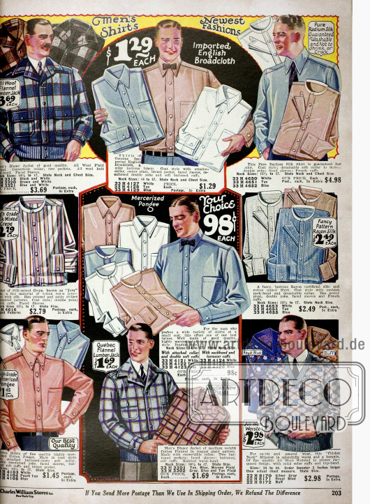 Elegante Anzughemden in unterschiedlichen Farben und Mustern aus Seidenmixstoffen, Breitgewebe und mercerisierter Baumwolle mit und ohne Kragen.
Des Weiteren sind hier auch Sportjacken (Blazers) aus Wolle oder Flanell und Pullover mit V-Ausschnitt im Angebot.