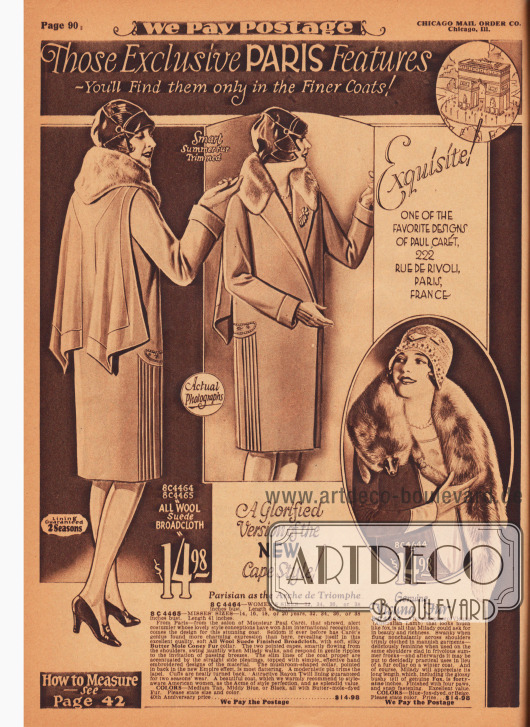 „Diese exklusiven Pariser Akzente – Sie finden sie nur bei den erleseneren Mänteln!“ (engl. „Those Exclusive PARIS Features – You’ll Find them only in the Finer Coats!“).
Damenmantel für das Frühjahr aus Woll-Velours-Breitgewebe mit einem verbrämten Kragen vom Sommerpelz des Kaninchens. Der Frühjahrsmantel zeichnet sich durch seine augenfällen capeartigen, pointierten Flügel mit Biesen in der Rückenpartie aus. Ein seitlicher plissierter Einsatz, darüber ein handgearbeitetes Stickereimotiv machen das Modell besonders.
Rechts unten befindet sich ein Fuchspelz (Pelzkollier) aus australischem Lammfell für 14,98 Dollar. Mantel und Pelzkragen sind hier durch echte Fotografien abgebildet.