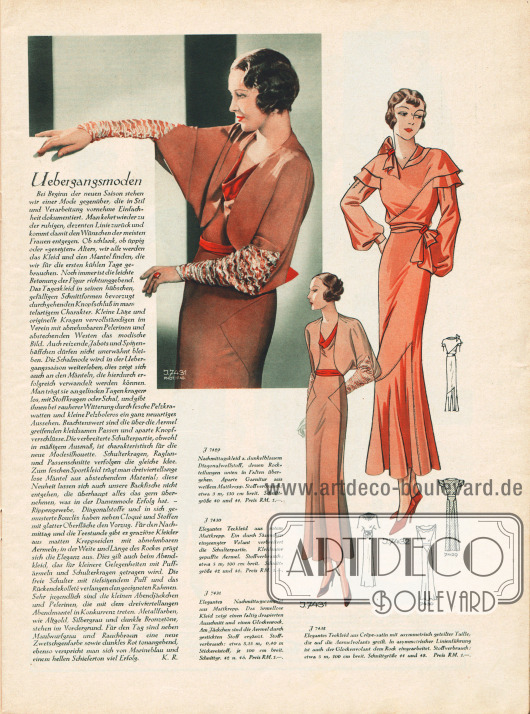 Artikel:
R., K., Uebergangsmoden.
Modell 7431 zeigt ein Nachmittagscomplet (Kleid mit passender Jacke) aus Mattkrepp. Das ärmellose Kleid besitzt einen drapierten Ausschnitt und einen Glockenrock. Die Ärmel der Jacke sind mit gesticktem Stoff ergänzt worden.
Links daneben wird ein Teekleid aus Crêpe Satin in asymmetrischer Linienführung präsentiert. Das Modell zeigt zudem Ärmelvolants und einen eingearbeiteten Glockenvolant.
Foto: Ifag.