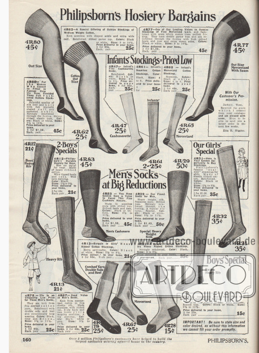 „Philipsborn’s günstige Angebote in Strumpfwaren“ (engl. „Philipsborn’s Hosiery Bargains“).
Oben befinden sich überknielange Strümpfe aus Seiden- oder merzerisiertem Baumwollgarn für Damen. In der Mitte und an den Seiten sind lange Strümpfe aus gerippter Baumwolle für Mädchen und Jungen verschiedener Altersstufen zu finden. Unten mittig werden schließlich Socken für Männer aus Kaschmirwolle, merzerisierter Baumwolle oder dicker Seide angeboten.
Alle Strümpfe und Socken besitzen verstärkte Fersen und Zehen.