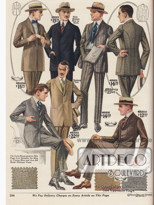 Mondäne einreihige Herrenanzüge für die warmen und heißen Sommertage aus „Palm Beach Cloth“ (günstiger Mischstoff aus Angorawolle und Baumwolle oder Leinen), Mohair (Angorawolle), „Coolkenny Crash“ (überaus leichter Sommerstoff aus Wolle und Baumwolle) und Shantung Seide.
Die modische Linie der Herrenmode für 1919 zeigt schmale, fallende Schultern, kurze, schmale Revers, eine hohe und enge Taillierung sowie enge und kurze Hosenbeine. Die Sakkos zeigen entweder großzügig eingearbeitete Taschen oder große aufgesetzte Taschen mit runden Kanten. Schluss auf zwei oder drei Knöpfe.