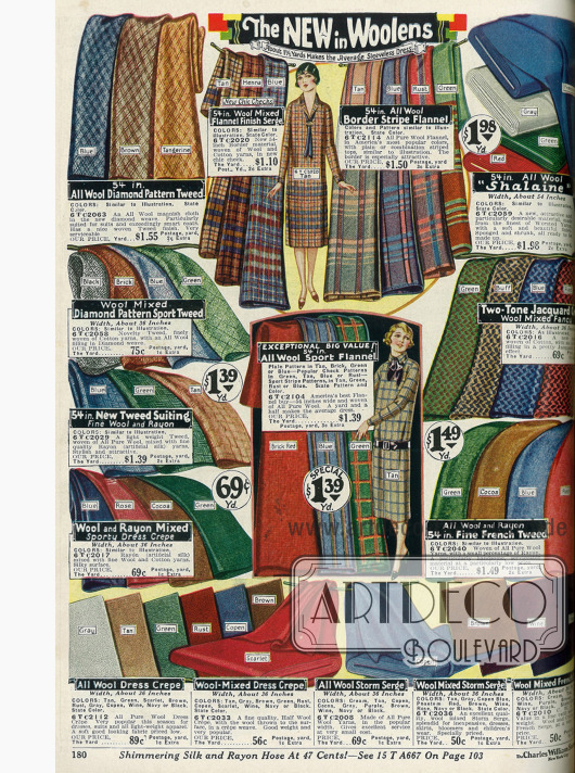 Wollstoffe wie Tweed, Flanell, Serge, Woll-Rayon, Wollkrepp und Jacquard.