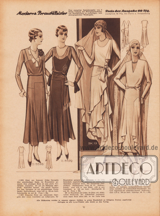 Hochzeitskleider aus Crêpe de Chine (beide Modelle rechts) und Kleider für die Brautmütter aus Crêpe Georgette über Seide und Georgette über Crêpe Satin.
Perlstickereien garnieren dezent die Kleider der Brautmütter. Dem ersten Rock ist eine glatte Vorderbahn eingearbeitet, dagegen ist dem zweiten Kleid eine Seitenbahn an der Hüftpasse angeschnitten.
Das erste Brautkleid zeigt einen seitlich ansteigenden Stufenrock, das andere Kleid zwei zipfelige Garniturteile am Rock und Smokstickerei an der Taille.