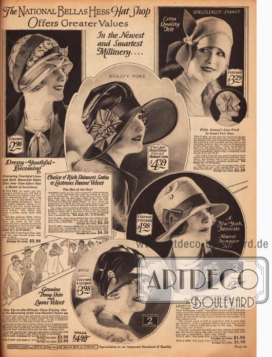 „Der National Bellas Hess Hut Shop bietet größere Werte an – in der neuesten und elegantesten Hutmode“
Oben links ist ein eng anliegender Hut im Tam-o’-Shanter Stil (Schottenmütze) aus Samt und Taft. Der breitkrempige Hut in der Mitte ist wahlweise aus Satin oder Samt bestellbar, während die Enden des Woll-Filzhutes oben rechts mit einer Perlenbrosche zu großen Flügeln gesteckt werden.
Unten rechts befindet sich ein „swagger“ (prahlerischer) Gigolo Hut mit breitem Ripsband, tiefer Krone und an einer Seite abgebogener Hutkrempe. Unten links ein Samthut im Tam-o’Shanter Stil ohne Hutkrempe.