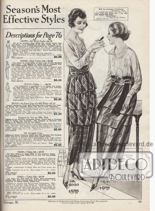 „Die wirkungsvollsten Modelle der Saison“ (engl. „Season’s Most Effective Styles“).
Zwei besonders schicke Tunika- und Volantröcke aus karierter Taft-Seide und unifarbener Taft-Seide.
Bei dem ersten Modell ist das Material für die Volants diagonal verarbeitet, während der Stoff für Gürtelpasse und Rock vertikal verarbeitet wurde. Beim zweiten Modell wurden die drei glatten Volants an der Hohlnaht-Bruchkante angesetzt. Dunkle Samtbänder sind an der Gürtelpasse mit dekorativen Schließen befestigt und greifen bis unter den ersten Volant.